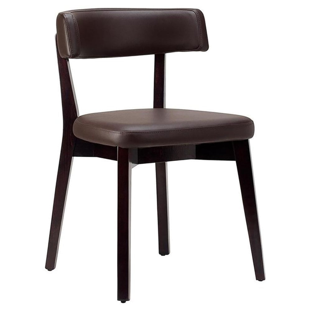 The Nico Upholstered Side Chair - Wenge features a dark brown wooden frame with matching cushioned seat and backrest in brown faux leather, offering a simple, modern design ideal for contract settings.