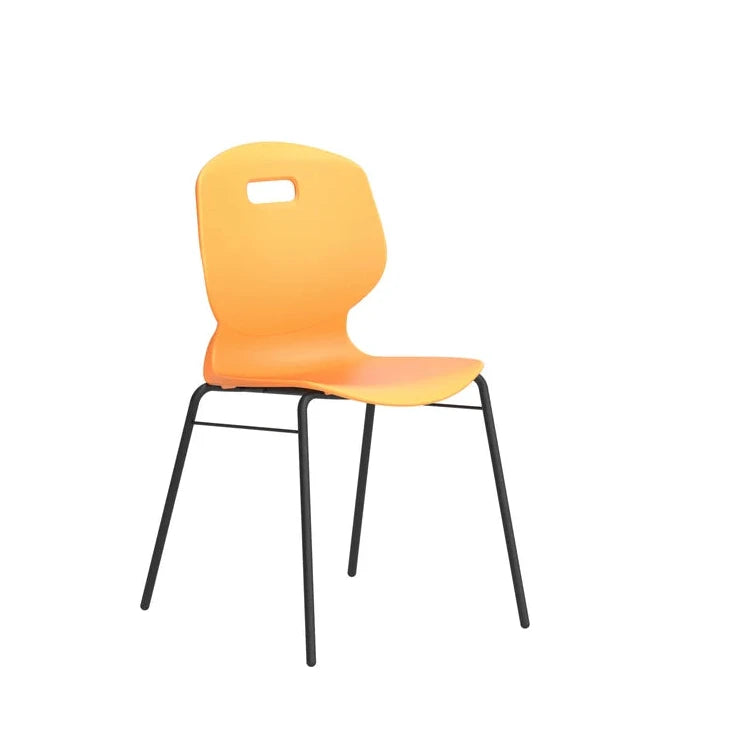 The Arc 4 Leg Classroom Chair with Brace features a modern design with an orange plastic seat and backrest, a convenient small rectangular cut-out handle, and four sturdy black metal legs—making it a stylish and durable choice for any classroom or educational setting.