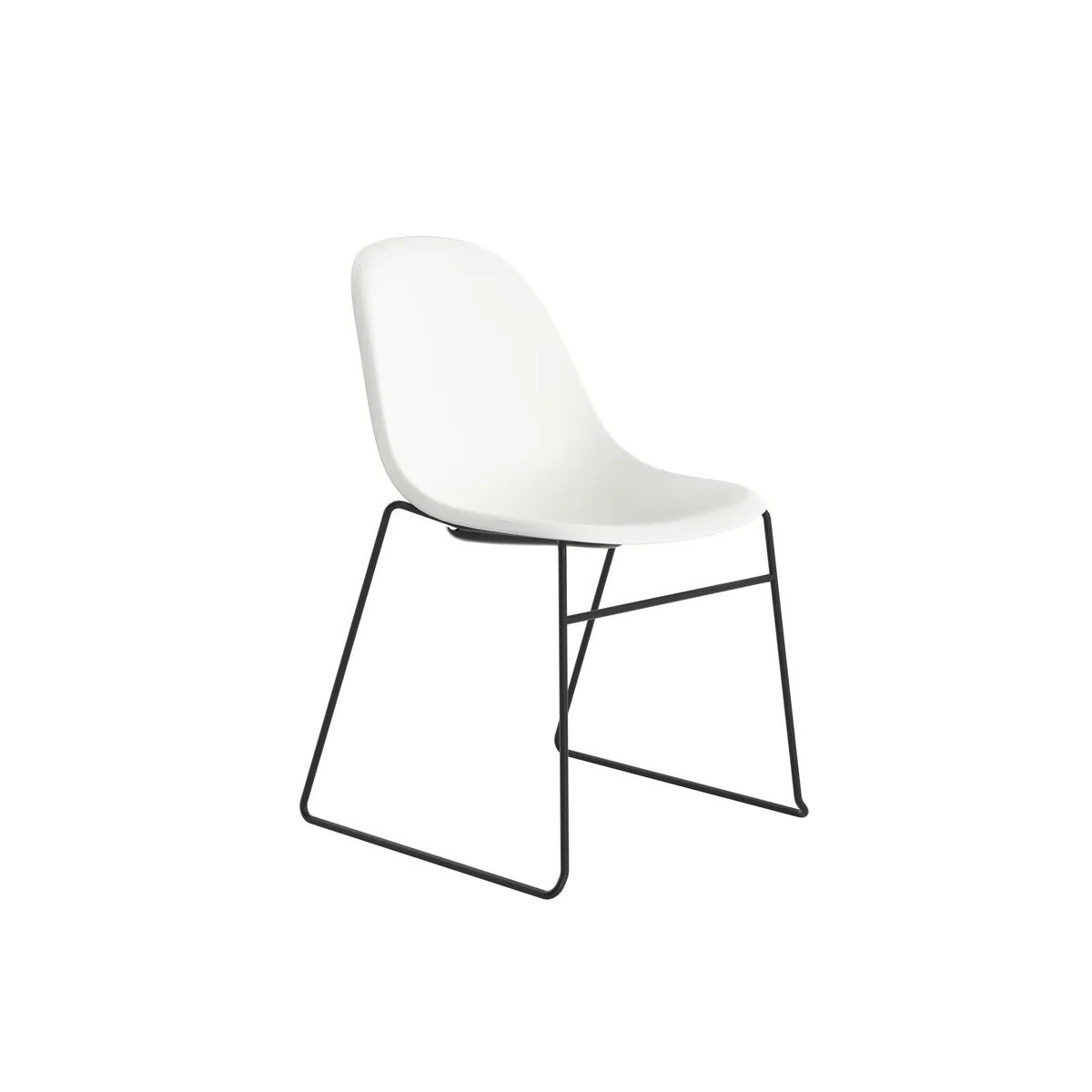 The Lizzie Skid Office Side Chair features a modern white curved plastic seat and black metal sled legs, displayed here against a plain white background.