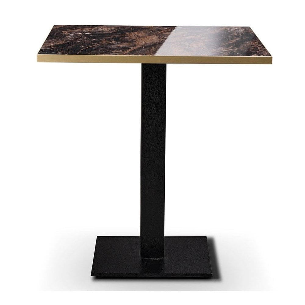 The Black Gold Cappuccino Gloss Marble Laminate Restaurant Table Top—25mm, features a heat and scratch-resistant glossy finish, MDF core, thin gold edge, and is supported by a black metal pedestal on a rectangular base.