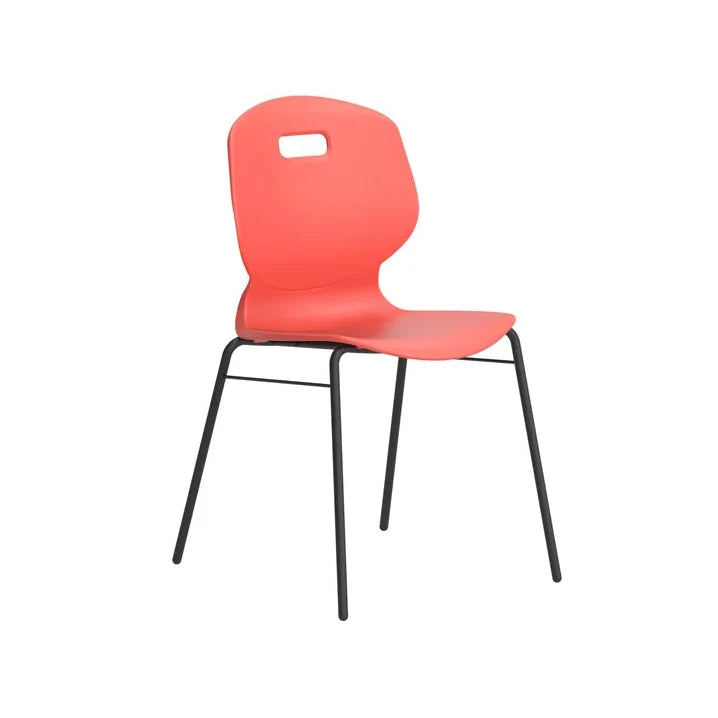The Arc 4 Leg Classroom Chair with Brace is a red plastic chair featuring a curved backrest, small rectangular cutout, and four sturdy black metal legs—ideal for classroom seating or educational environments.