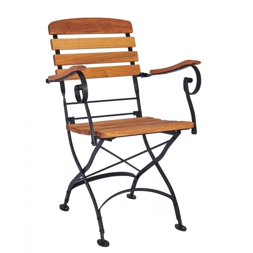 The Arch Outdoor Folding Picnic Armchair is made from durable robinia wood with horizontal slats, and has curved black wrought iron armrests and legs in a convenient foldable design.