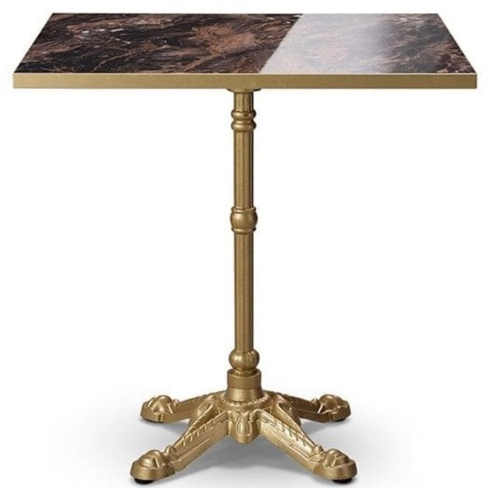 The Parisian Bistro Gold Square Marble Effect Table Top with Metal Table Base (700x700mm) features a luxurious marble effect surface and ornate gold pedestal base with four feet, creating an elegant statement against a plain white background.