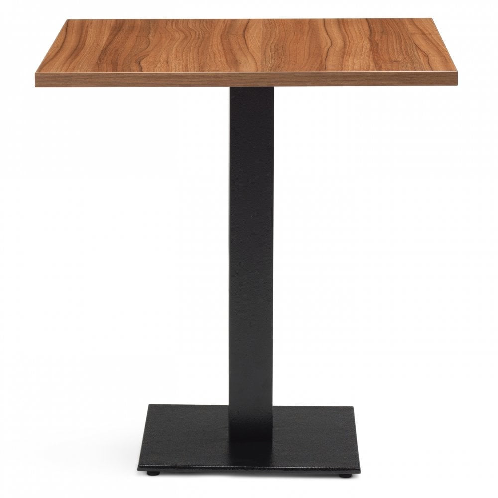 The Tobacco Walnut Restaurant Table Top - 25mm features a square, heat-resistant tobacco walnut melamine top on a single black metal pedestal with a flat base, shown against a white background—ideal for restaurants.