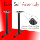 Switch The Antonio Twin Pedestal Cast Iron Table Base features two black cast iron legs with T-shaped bases. An inset shows a pre-drilled hole on the mounting plate, ideal for sturdy commercial table installations. 2 image