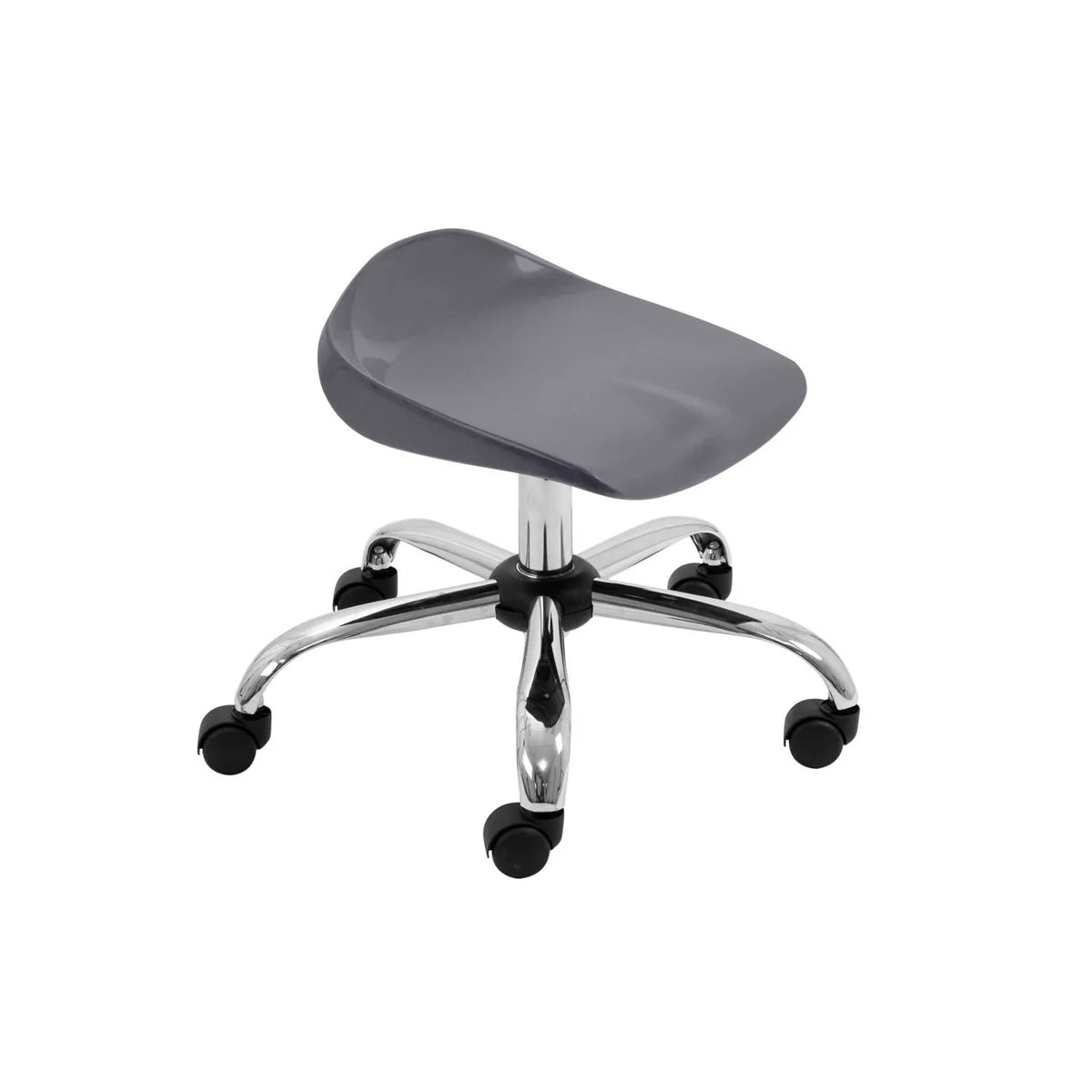 The Titan Swivel Junior Chrome Stool with Castors features a modern, minimalistic design with an adjustable height, curved gray seat, durable metal base, and five black caster wheels. With no backrest or armrests, it is ideal for use as a classroom stool or in office and salon environments.