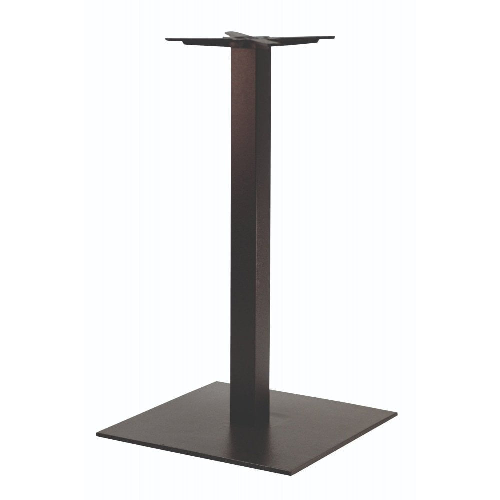 The Forza Square Large Cast Iron Table Base features a sturdy powder-coated square flat bottom and vertical column in a dark finish, making it ideal for supporting tabletops in both commercial and home settings.