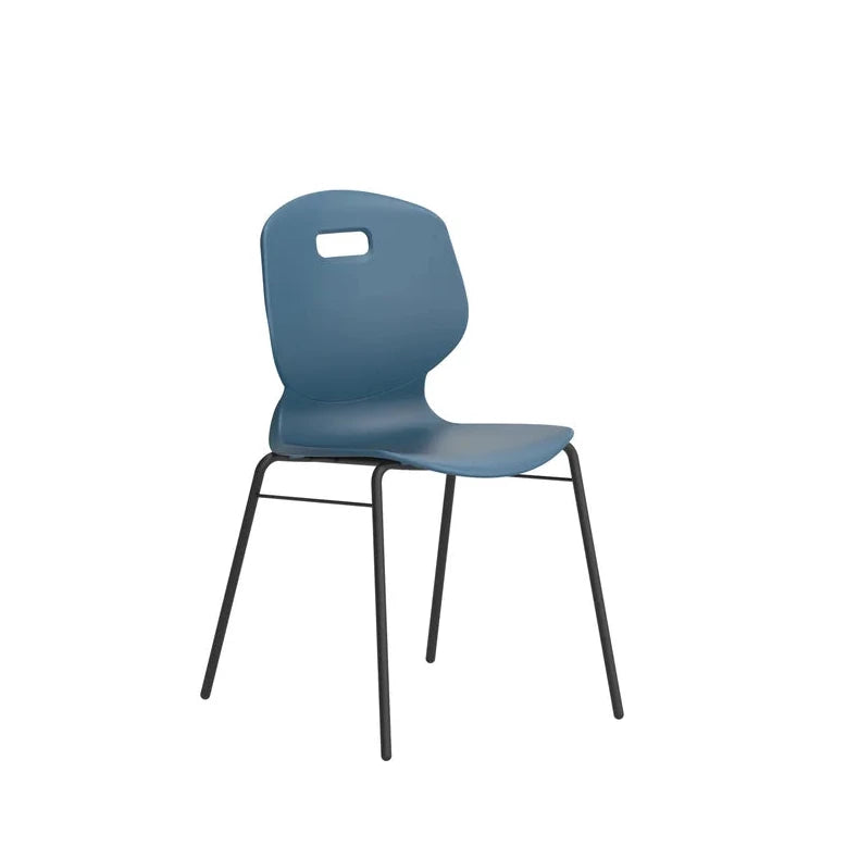 Arc 4 Leg Classroom Chair with Brace in blue plastic, featuring a curved backrest with a rectangular cutout and four sturdy black metal legs, is displayed on a plain white background—ideal for use as an educational or classroom chair.