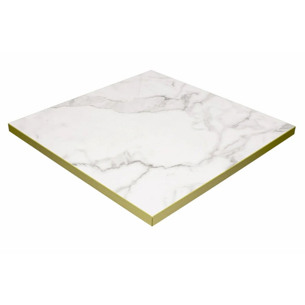 The Parisian Bistro Gold Square Marble Effect Table features a 700x700mm white and gray patterned top with gold-colored edges and a metal base, perfect as a chic gold café table. Shown on a white background.