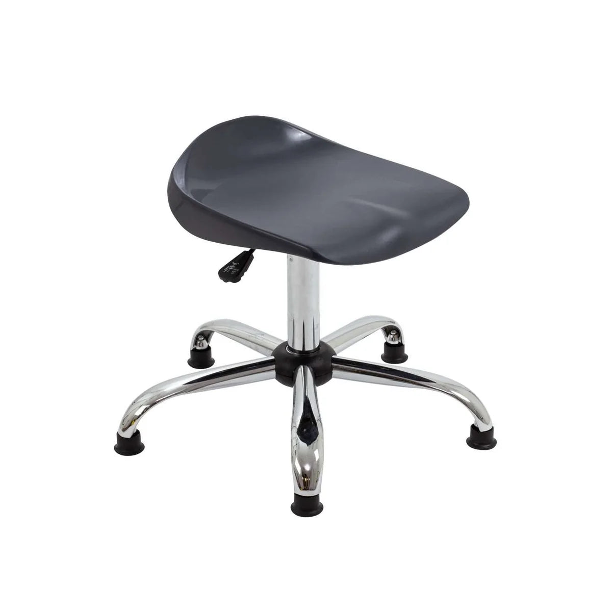The Titan Swivel Senior Chrome Stool – with Glides features a black saddle-style curved plastic seat and a chrome five-legged base with black glides, making it an ideal adjustable height stool for classroom settings; pictured here against a plain white background.
