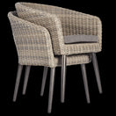 Switch Two Hanover Outdoor Stacking Tub Chairs with curved backs and grey cushions are stacked together, showcasing their woven texture and wooden legs against a black background. 3 image