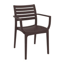 Switch A dark brown, weather-resistant Artemis Plastic Outdoor Stacking Arm Chair with horizontal slats, armrests, and four straight legs—ideal outdoor furniture for your patio or garden. 2 image