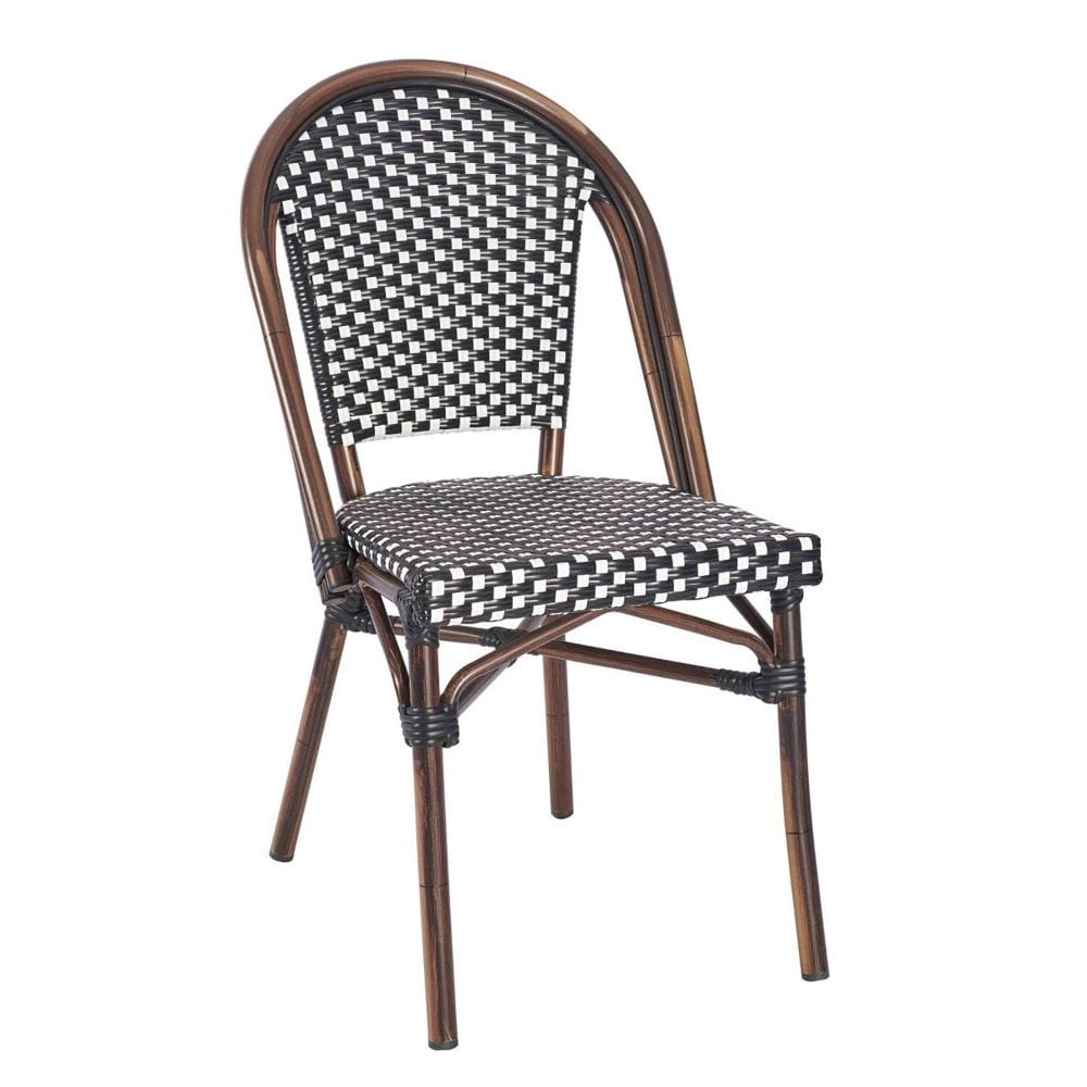 The Carcassonne Bistro Outdoor Stacking Side Chair features a curved backrest, black-and-white checkered woven seat and back, and a brown bamboo-look aluminum frame—ideal as a stackable chair for restaurants or patios.