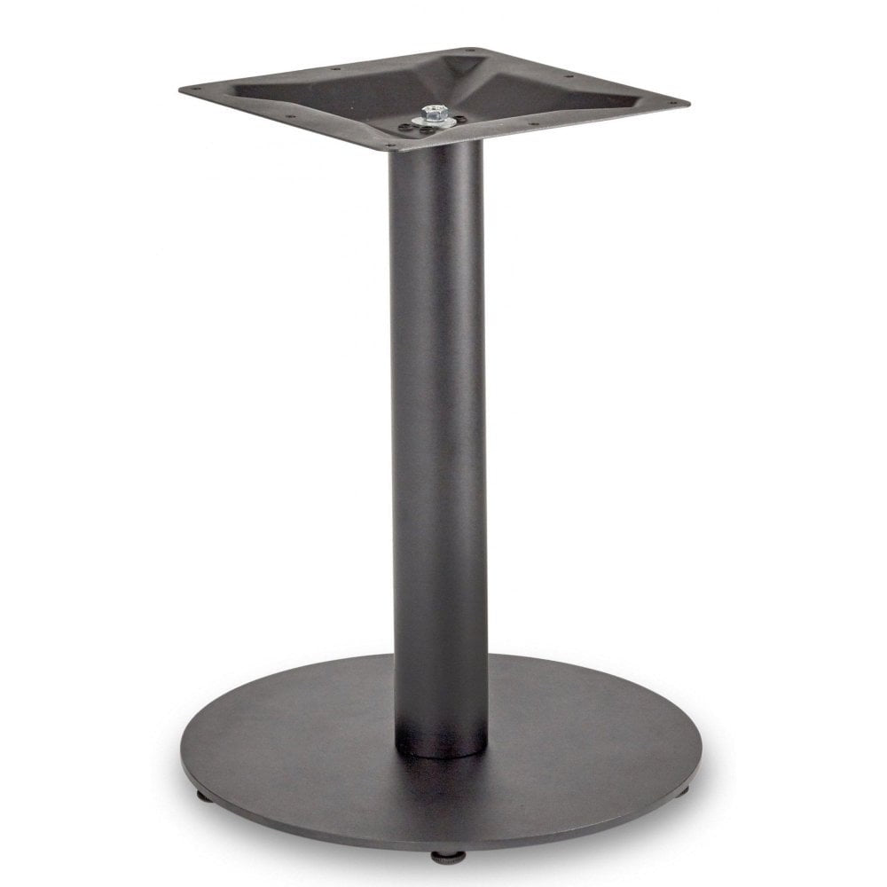 The Profile Small Round Cast Iron Table Base is a sleek black commercial base with a round flat bottom and square mounting plate, expertly designed to support tabletops in restaurants or cafes.
