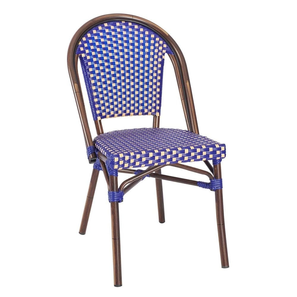 The Carcassonne Bistro Outdoor Stacking Side Chair features a curved backrest, durable aluminum frame, and blue and white checkered woven seat and backrest.