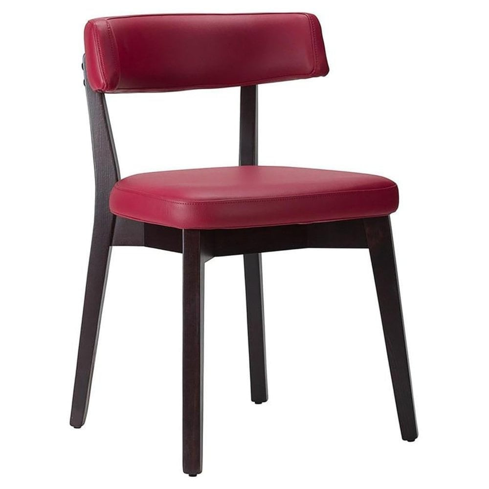 The Nico Upholstered Side Chair - Wenge features a modern dark wooden frame with a red faux leather cushioned seat and backrest, perfect for contract use.