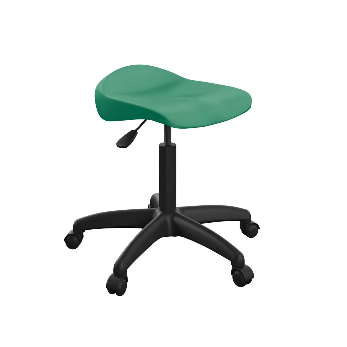Titan Swivel Senior Black Stool - with Glides features a green saddle-style contoured seat and a black adjustable-height base, designed for ergonomic seating in offices, classrooms, or medical environments.