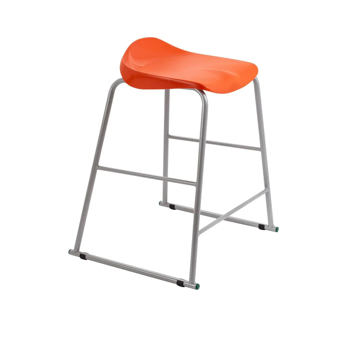 The Titan Metal Stacking Low Stool features a vibrant orange curved plastic seat and sleek silver metal legs, presented against a plain white background.