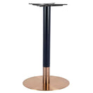 Switch The Zeus Rose Gold Table Base - Small features a sleek black cylindrical center column, a flat black top for tabletop attachment, and a modern rose gold stainless steel bottom. 1 image
