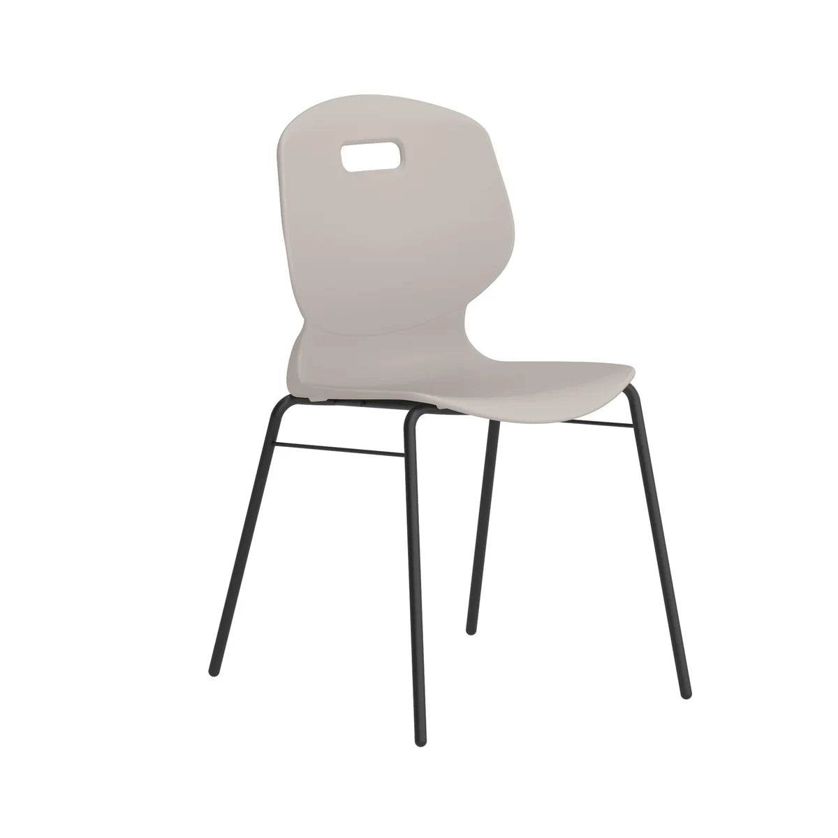The Arc 4 Leg Classroom Chair with Brace features a light gray plastic seat with a curved backrest and a rectangular cutout near the top. Supported by black metal legs, this simple and modern chair is ideal for classroom seating.