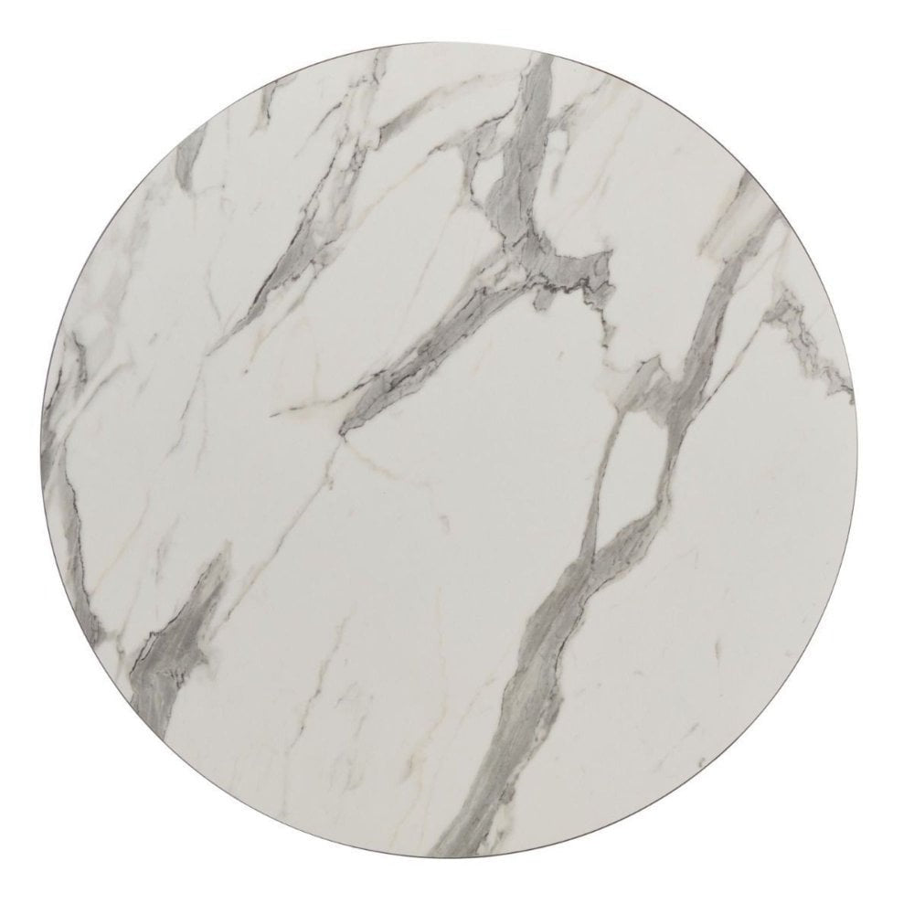 The White Carrara Marble Outdoor Laminate Restaurant Table Top (12mm) features a white marble look with gray veining, ideal for outdoor commercial settings as a stylish and durable tabletop.