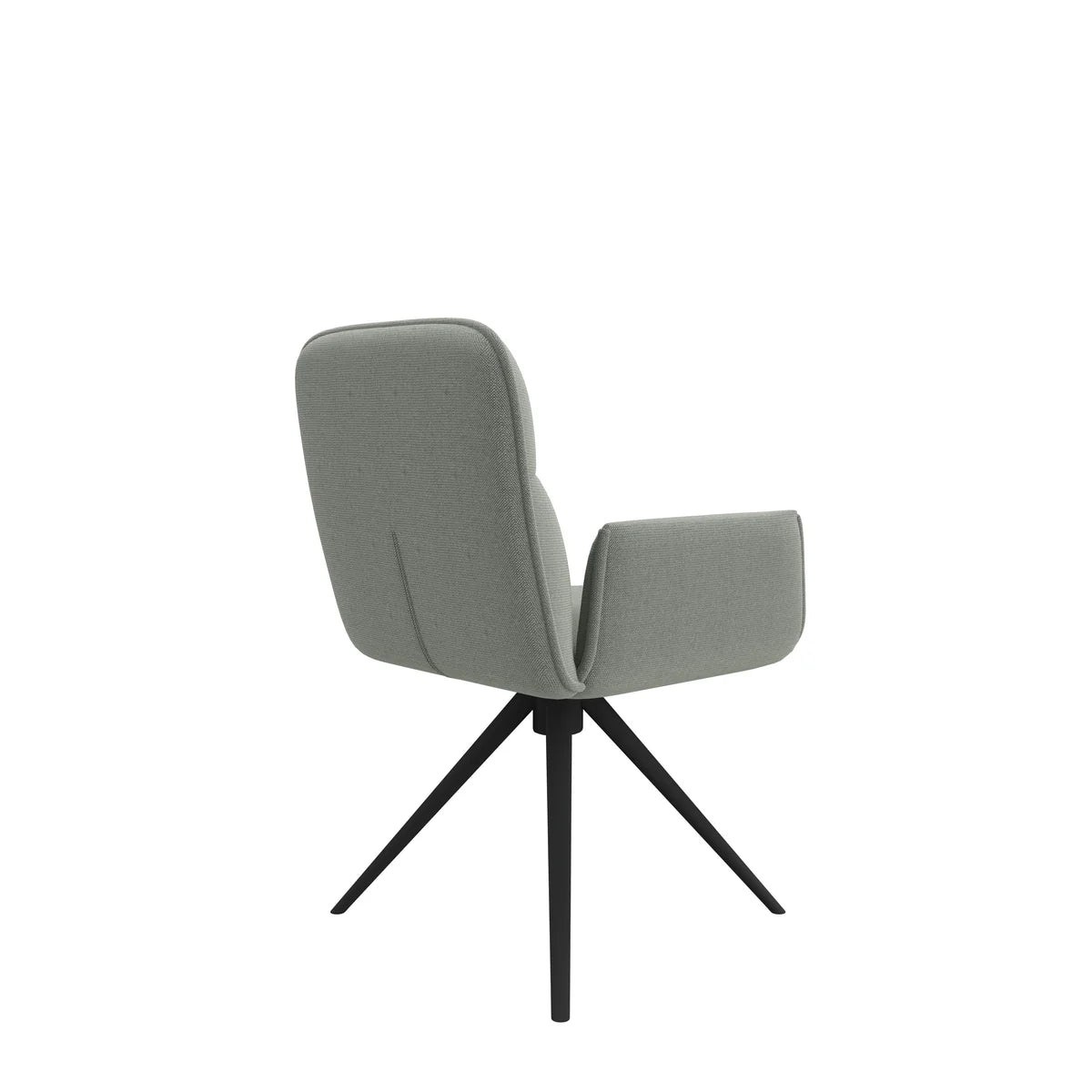 The Faze Upholstered Swivel Armchair, shown from behind at an angle, features a modern gray design with a curved backrest, contemporary winged arms, and black metal tripod legs.