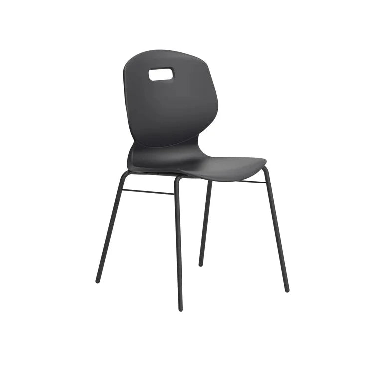 The Arc 4 Leg Classroom Chair with Brace is a black plastic educational chair featuring a curved backrest with a rectangular cutout and four slim metal legs, shown against a white background—ideal for classroom seating.