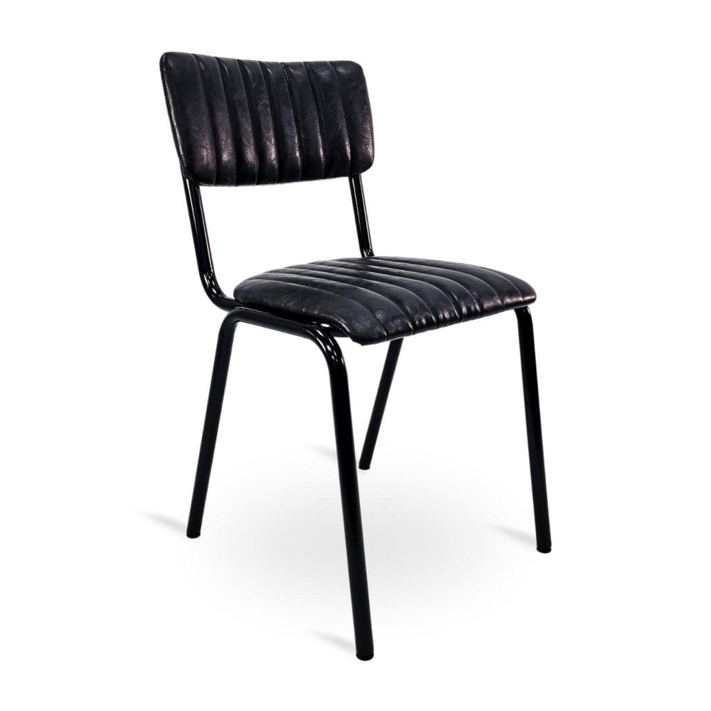 The Derby Industrial Side Chair - Faux Leather features a black ribbed cushion seat and backrest, metal frame, and is shown angled on a plain white background.
