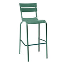 Switch The Marlow Aluminium Stacking Bar Stool features a tall green frame with a slatted backrest, flat seat, and four slender legs joined by a footrest, providing contemporary style and durable construction. 3 image