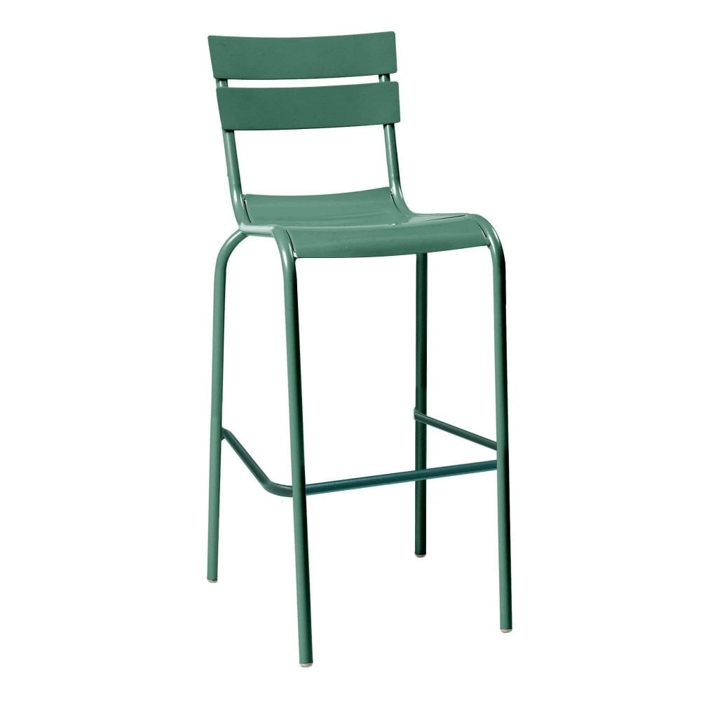 The Marlow Aluminium Stacking Bar Stool features a tall green frame with a slatted backrest, flat seat, and four slender legs joined by a footrest, providing contemporary style and durable construction.