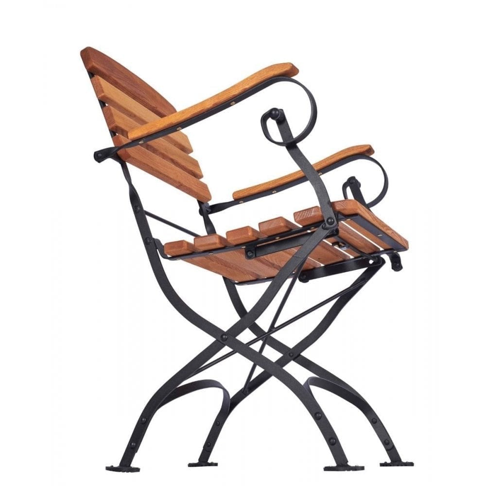 A side view of the Arch Outdoor Folding Picnic Armchair, made from robinia wood with curved black metal armrests and legs, showcasing an artistic design with an angled seat and backrest.