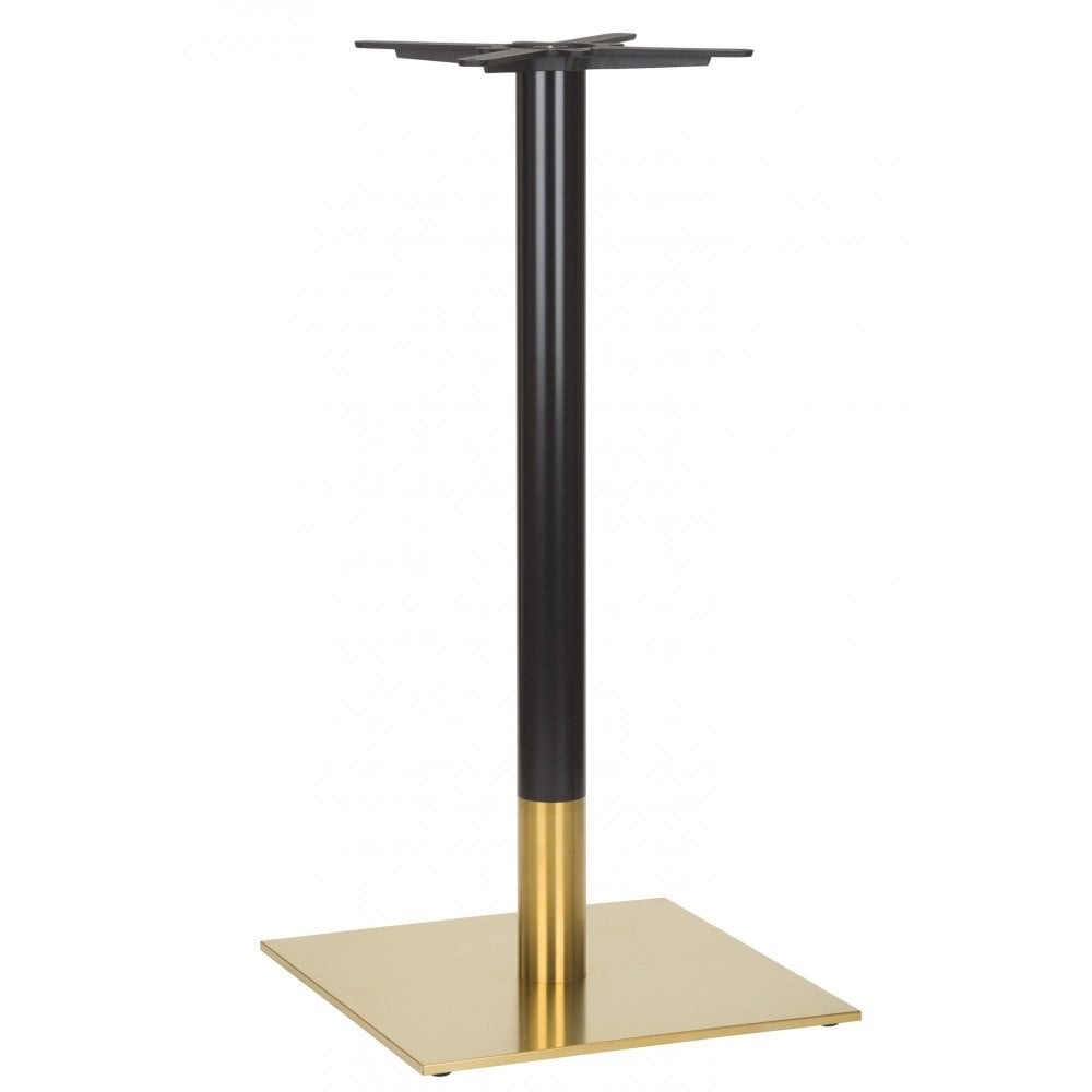 The Aristotle Square Vintage Brass Table Base - Large features a gold stainless steel base, black vertical column with a gold accent, and a black bracket on top for tabletop attachment.