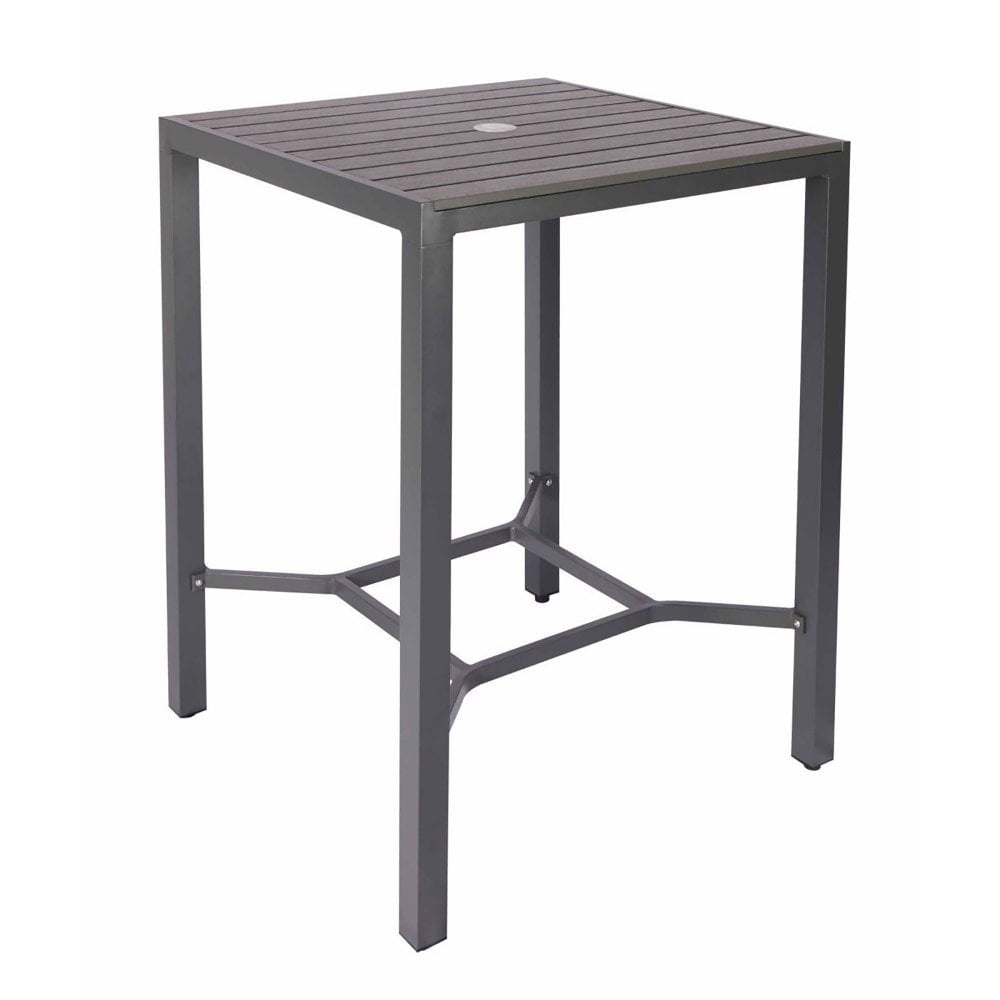 The Villa Metal Square Outdoor Bar Table features a tall, square design with a slatted top and four straight legs joined by a crossbar, making it ideal for outdoor spaces.