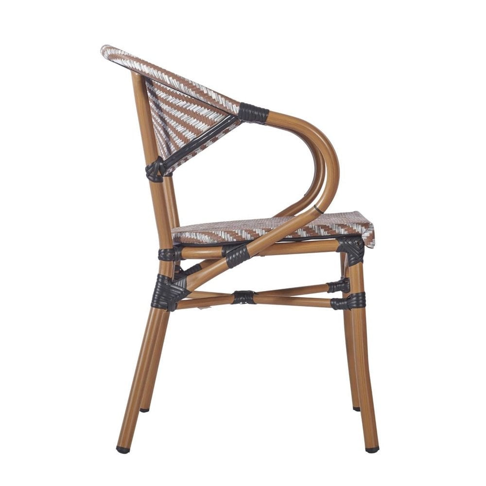 Side view of the Montpellier Bistro Outdoor Stacking Rattan Armchair in brown and beige multi-weave with a curved backrest, angled legs, and black bindings—perfect for use as pub garden furniture.