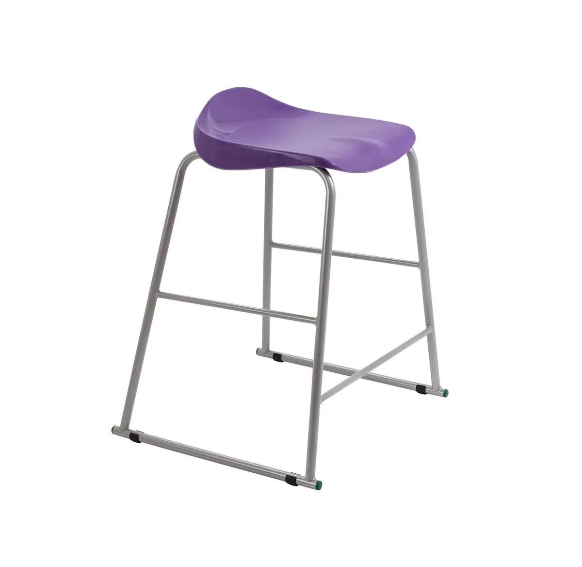 The Titan Metal Stacking Low Stool is a modern, stackable school stool featuring a curved purple seat, silver metal legs with capped feet, and an integrated footrest, displayed against a white background.
