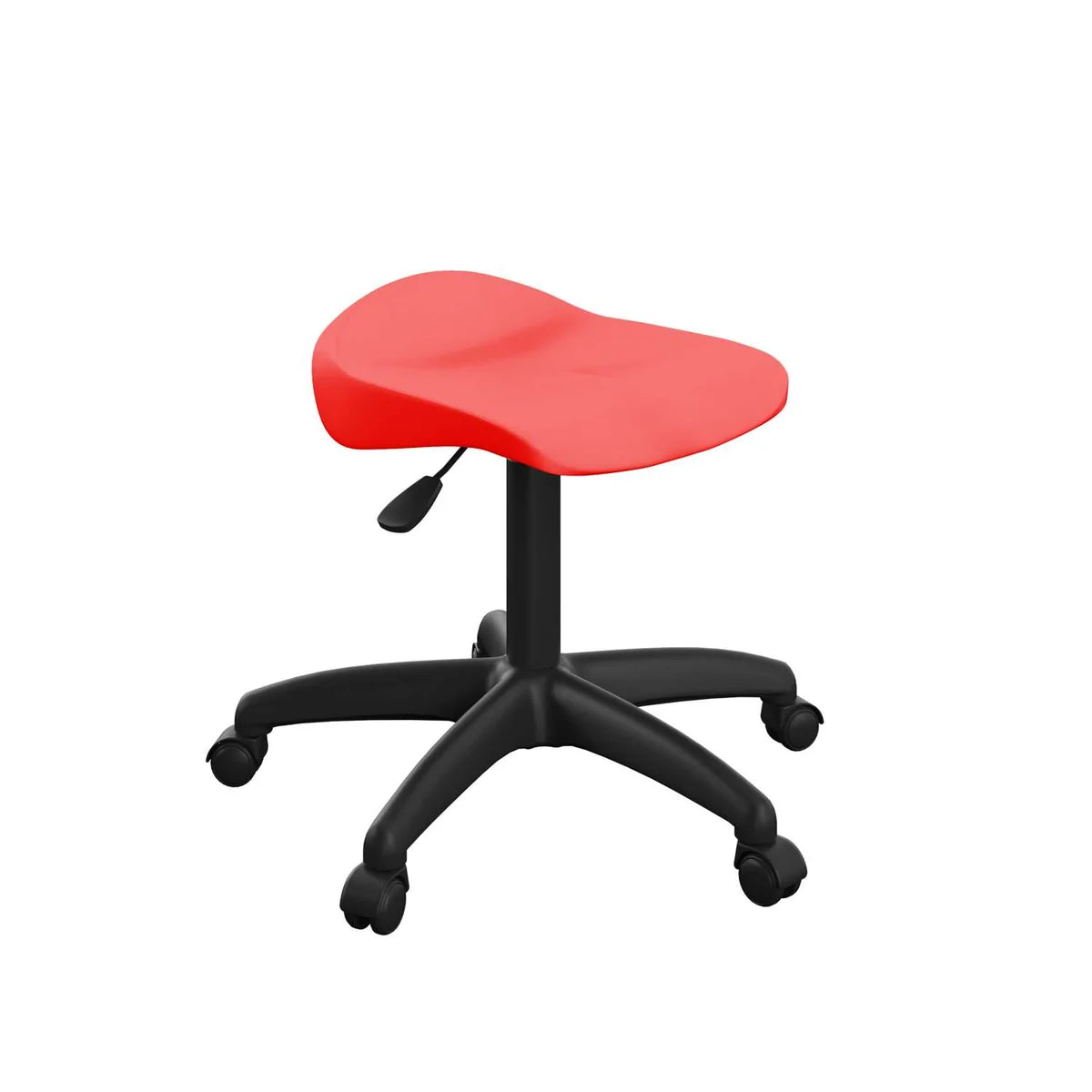 The Titan Swivel Junior Black Stool – with Castors is a red saddle-style rolling stool featuring a black adjustable base and five wheels, ideal for use as a classroom stool or adjustable swivel stool, shown on a white background.