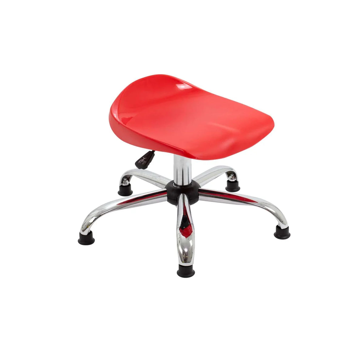 The Titan Swivel Junior Chrome Stool - with Glides features a red plastic curved seat, shiny chrome legs with four black glides, and a low-profile design. Both functional and stylish, this adjustable stool is ideal for versatile classroom seating.