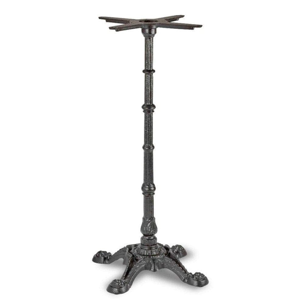 The Bistro Ornate Large Four Leg Cast Iron Table Base features a black finish with an ornate column and curved legs—ideal for adding stylish support to restaurant tabletops.