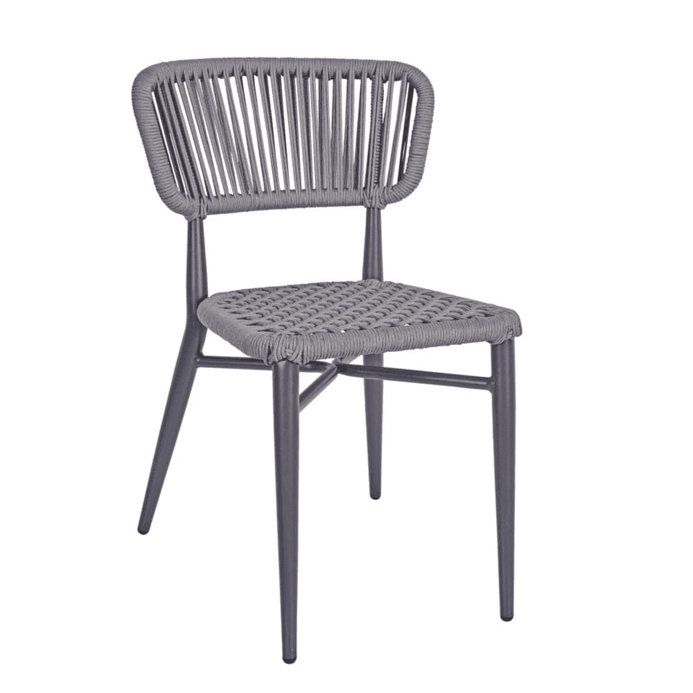 The Madrid Outdoor Stacking Rattan Chair features a modern gray design with a woven rattan seat and backrest, four angled legs, and minimalist style—perfect for contemporary outdoor spaces.
