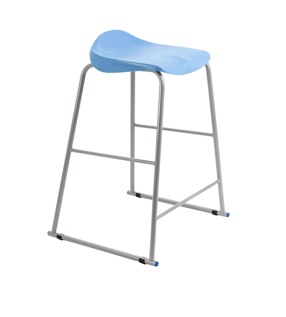 The Titan Metal Stacking Low Stool features a light blue curved plastic seat and silver metal legs with integrated footrests, offering a minimalist and modern design—ideal as a stackable solution for flexible classroom seating.