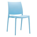 Switch The Maya Outdoor Side Chair is modern and minimalist, made from commercial-grade polypropylene in light blue, featuring a curved backrest and seat, four straight legs, and a small gap between the seat and backrest. 3 image
