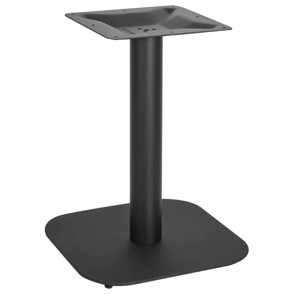 A black metal table pedestal base with a square top plate and a round square base, shown on a plain white background.