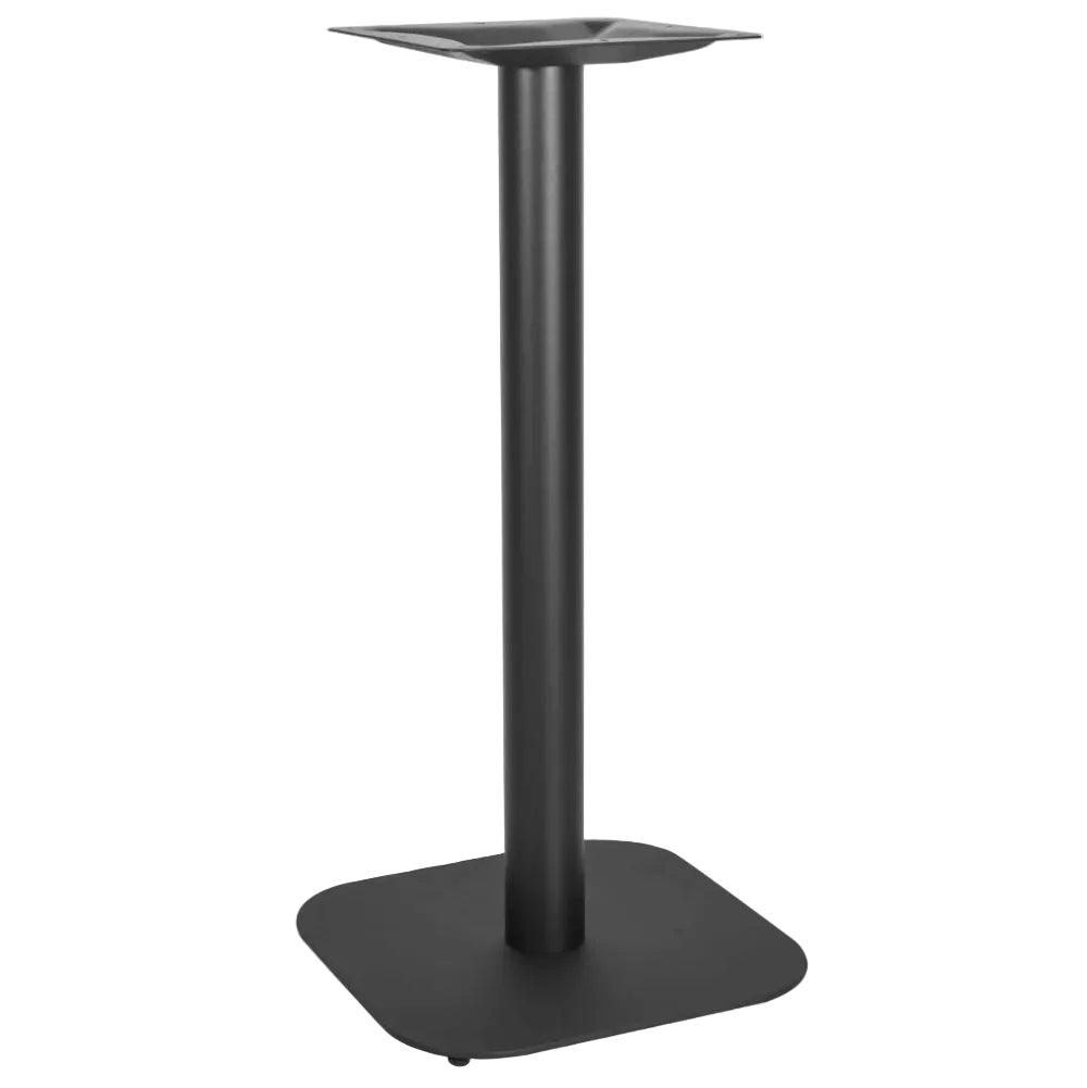 Profile Radius Small Square Cast Iron Table Base featuring a black metal commercial design with a central pole, a square floor plate with rounded corners, and a square mounting plate at the top.