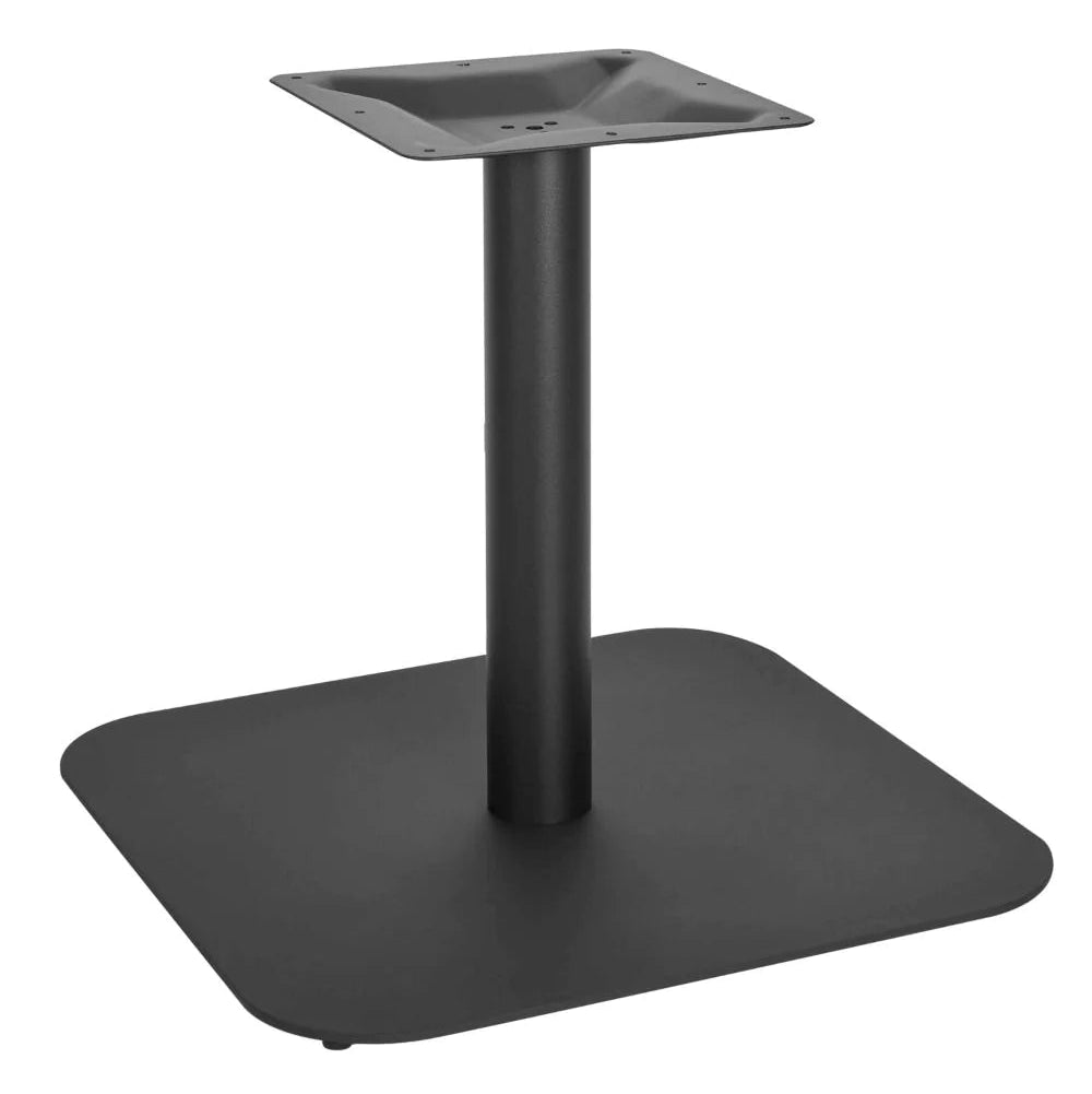 Profile Radius Large Square Cast Iron Table Base, a black metal commercial table base featuring a large square floor plate and a square tabletop mounting plate.