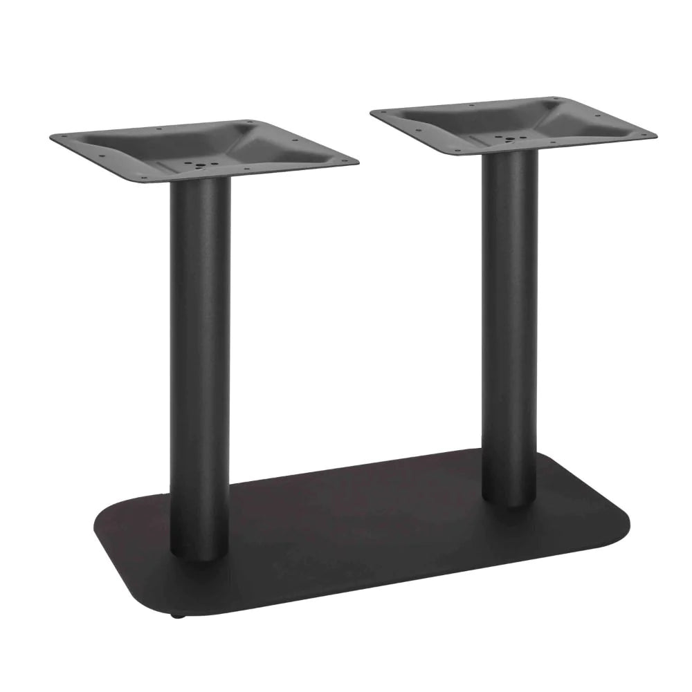Profile Radius Rectangle Twin Pedestal Cast Iron Table Base in black, featuring a rectangular floor plate and two square mounting plates for commercial use.
