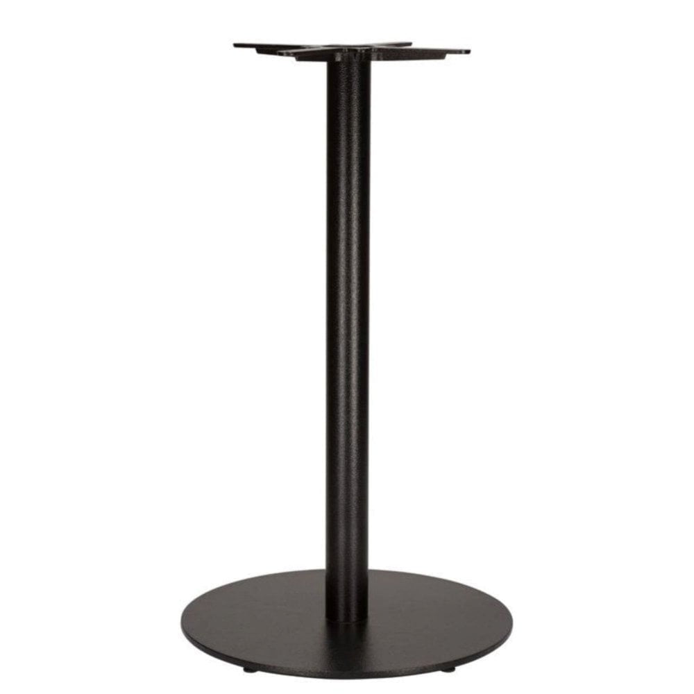 The Tokyo Large Round Cast Iron Table Base features a black, round flat bottom and vertical cylindrical column, designed to support a tabletop with top-mounted brackets for secure attachment.