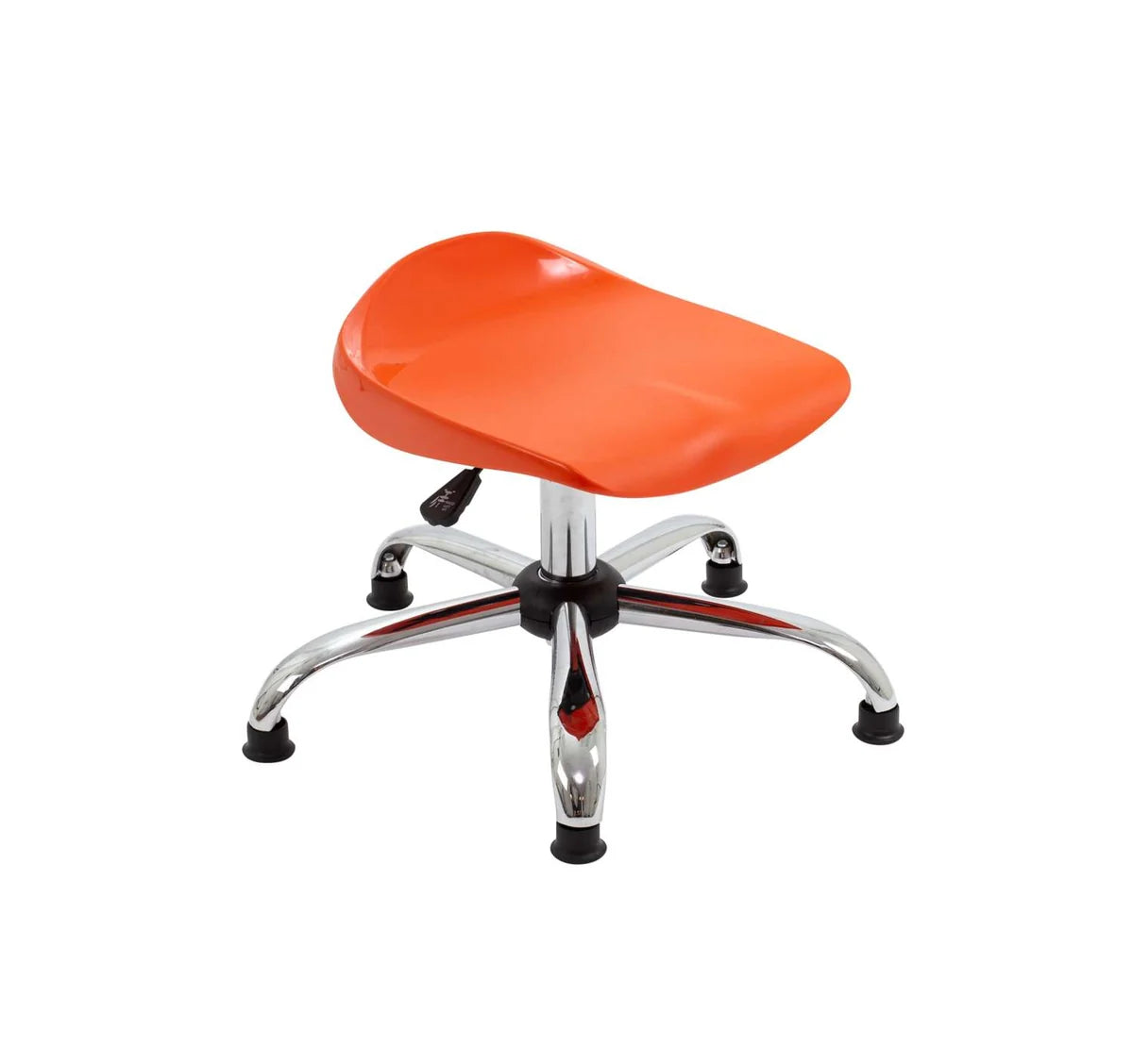 A modern orange plastic stool, such as the Titan Swivel Junior Chrome Stool - with Glides, features a saddle-shaped seat and a chrome base with five legs and black feet. This adjustable height classroom stool is shown on a white background.