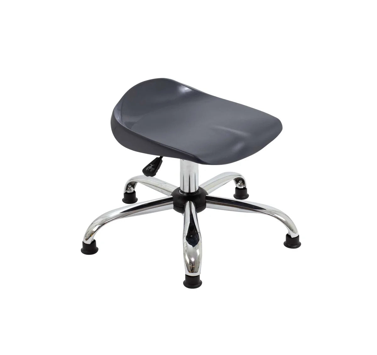 The Titan Swivel Junior Chrome Stool - with Glides features a black plastic contoured seat and a chrome metal base with five legs, each finished with a durable glide. It is shown against a plain white background.