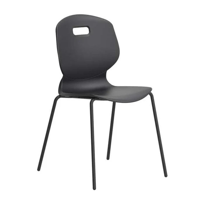 The Arc 4 Leg Classroom Chair is a modern black plastic chair with a curved seat and backrest, handle cutout, and four sturdy metal legs—perfect for student seating in any classroom setting.