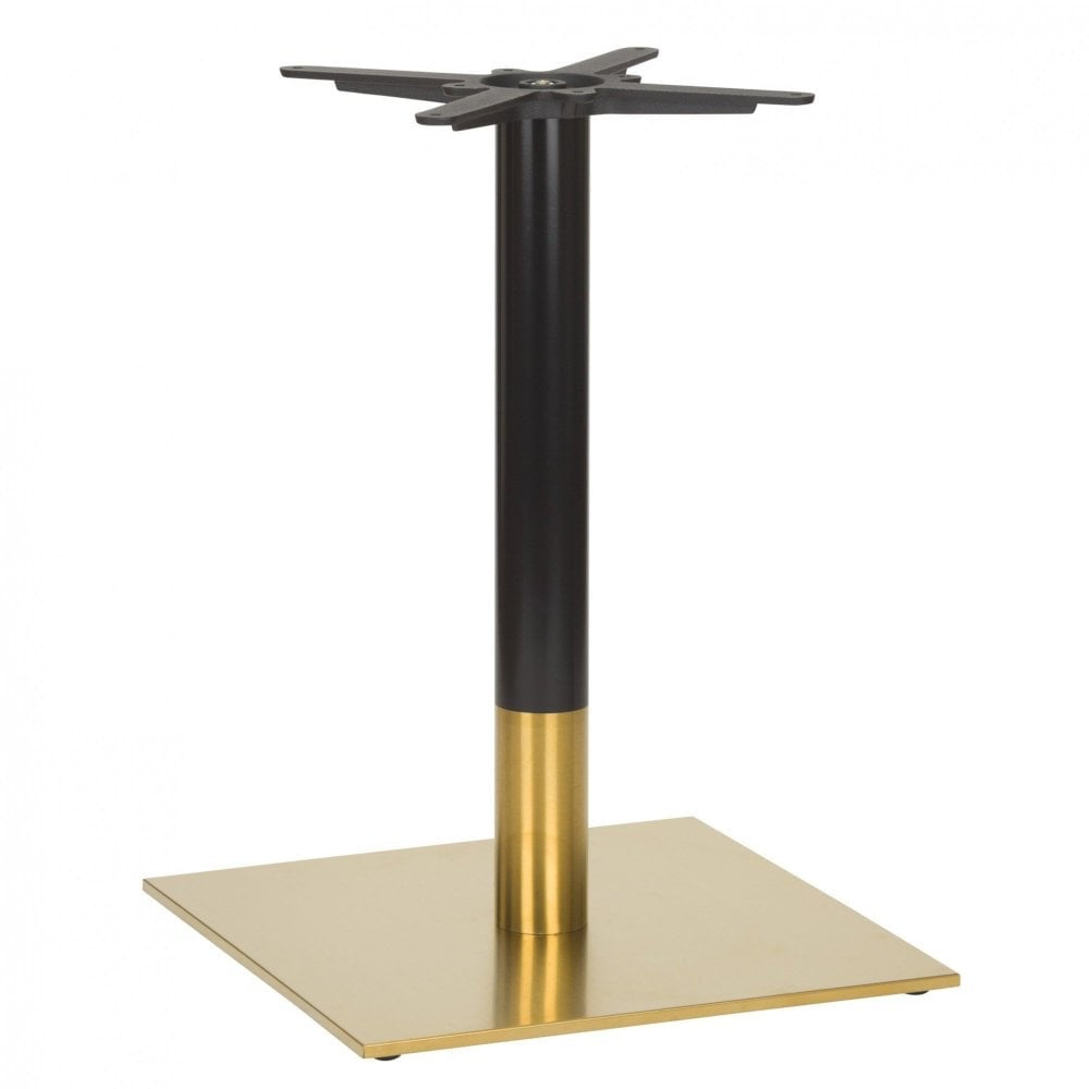 The Aristotle Square Vintage Brass Table Base - Large features a black central column, vintage brass accent, flat square base, and a stainless steel cross-shaped mounting bracket for easy tabletop attachment.
